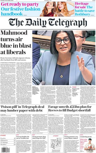 The Daily Telegraph Newspaper Front Page (UK) for 18 November 2025