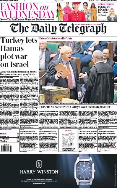 The Daily Telegraph Newspaper Front Page (UK) for 18 December 2019