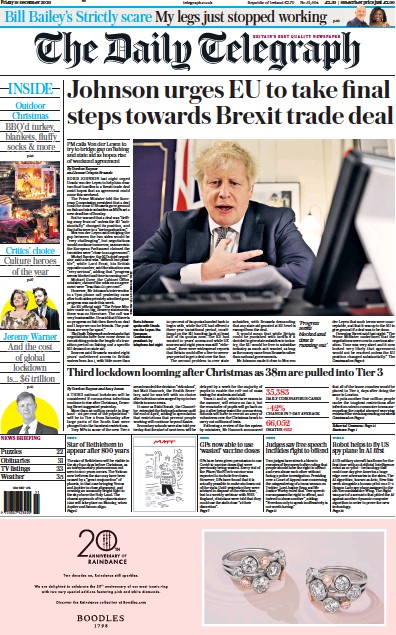 The Daily Telegraph Newspaper Front Page (UK) for 18 December 2020