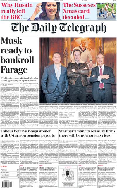 The Daily Telegraph Newspaper Front Page (UK) for 18 December 2024