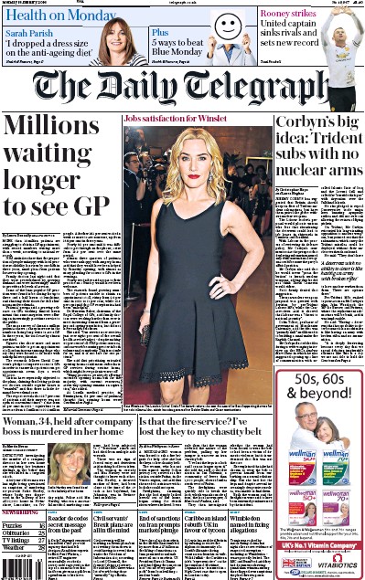 The Daily Telegraph Newspaper Front Page (UK) for 18 January 2016