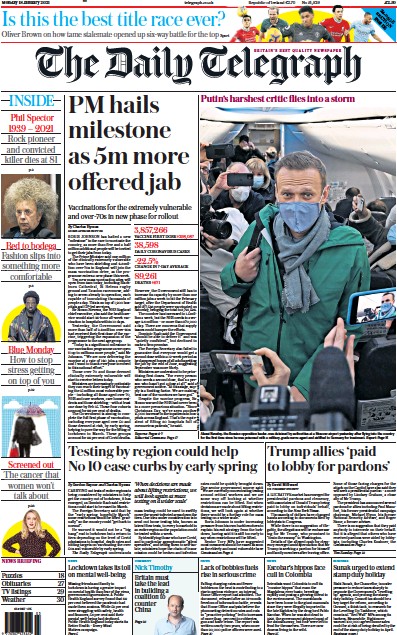 The Daily Telegraph Newspaper Front Page (UK) for 18 January 2021