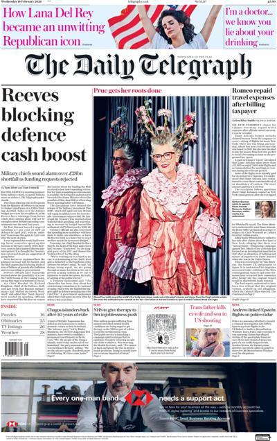 The Daily Telegraph Newspaper Front Page (UK) for 18 February 2026