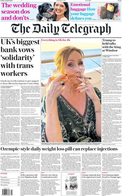 The Daily Telegraph Newspaper Front Page (UK) for 18 April 2025