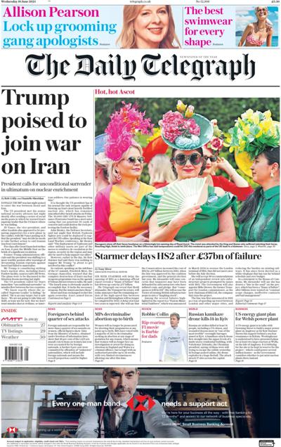 The Daily Telegraph Newspaper Front Page (UK) for 18 June 2025