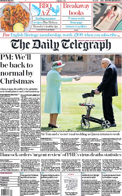 The Daily Telegraph Newspaper Front Page (UK) for 18 July 2020