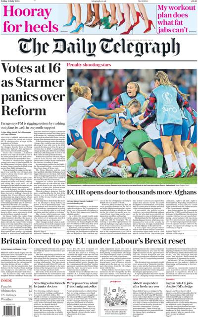 The Daily Telegraph Newspaper Front Page (UK) for 18 July 2025