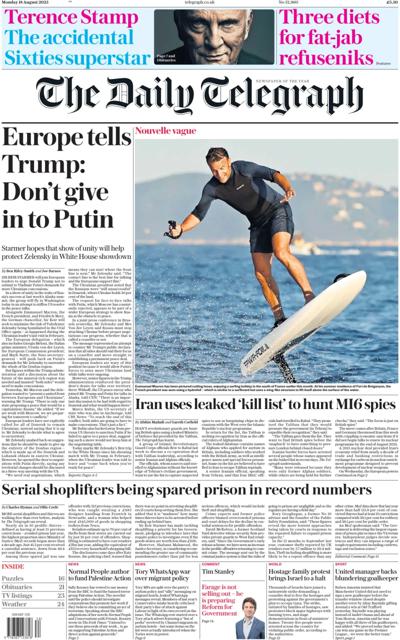 The Daily Telegraph Newspaper Front Page (UK) for 18 August 2025