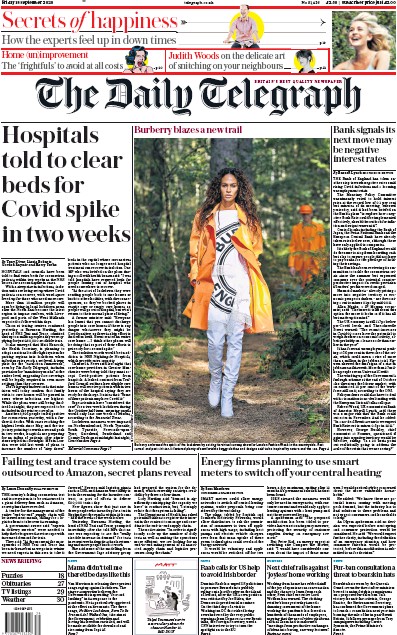 The Daily Telegraph Newspaper Front Page (UK) for 18 September 2020