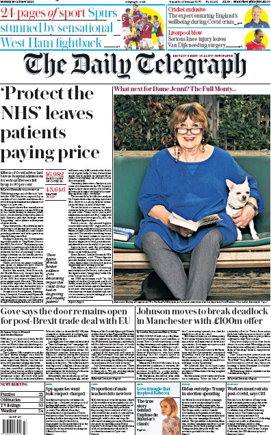 The Daily Telegraph Newspaper Front Page (UK) for 19 October 2020