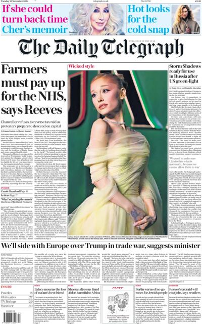 The Daily Telegraph Newspaper Front Page (UK) for 19 November 2024