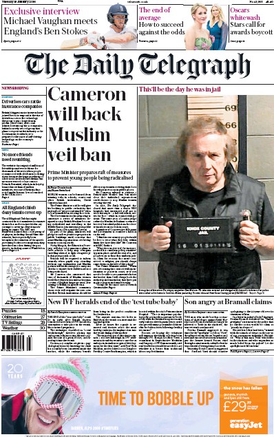 The Daily Telegraph Newspaper Front Page (UK) for 19 January 2016