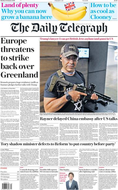 The Daily Telegraph Newspaper Front Page (UK) for 19 January 2026