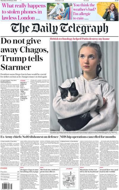 The Daily Telegraph Newspaper Front Page (UK) for 19 February 2026