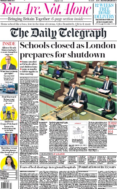 The Daily Telegraph Newspaper Front Page (UK) for 19 March 2020