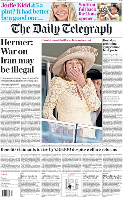 The Daily Telegraph Newspaper Front Page (UK) for 19 June 2025
