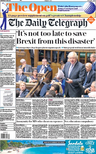 The Daily Telegraph Newspaper Front Page (UK) for 19 July 2018