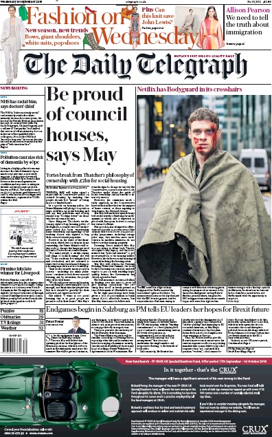 The Daily Telegraph Newspaper Front Page (UK) for 19 September 2018