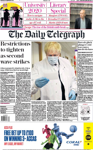 The Daily Telegraph Newspaper Front Page (UK) for 19 September 2020