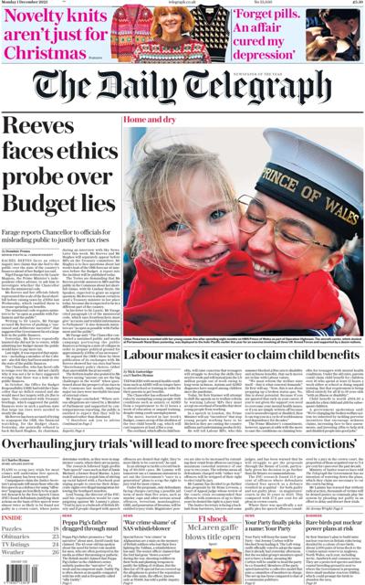 The Daily Telegraph Newspaper Front Page (UK) for 1 December 2025