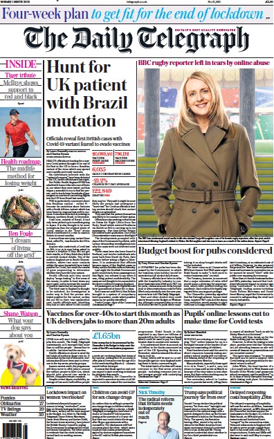 The Daily Telegraph Newspaper Front Page (UK) for 1 March 2021