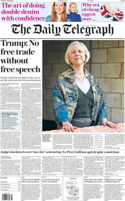 The Daily Telegraph Newspaper Front Page (UK) for 1 April 2025