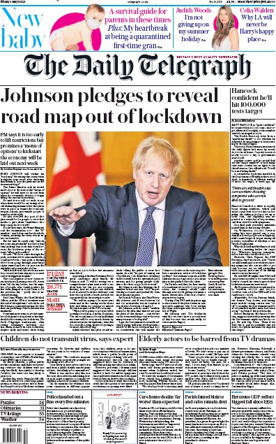 The Daily Telegraph Newspaper Front Page (UK) for 1 May 2020