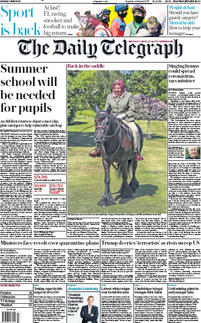 The Daily Telegraph Newspaper Front Page (UK) for 1 June 2020