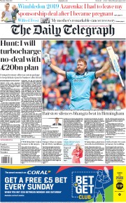 The Daily Telegraph (UK) Newspaper Front Page for 1 July 2019