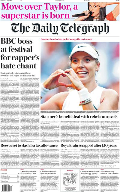The Daily Telegraph Newspaper Front Page (UK) for 1 July 2025