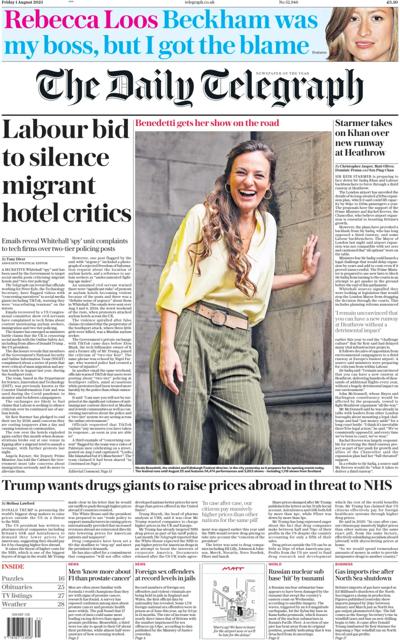 The Daily Telegraph Newspaper Front Page (UK) for 1 August 2025