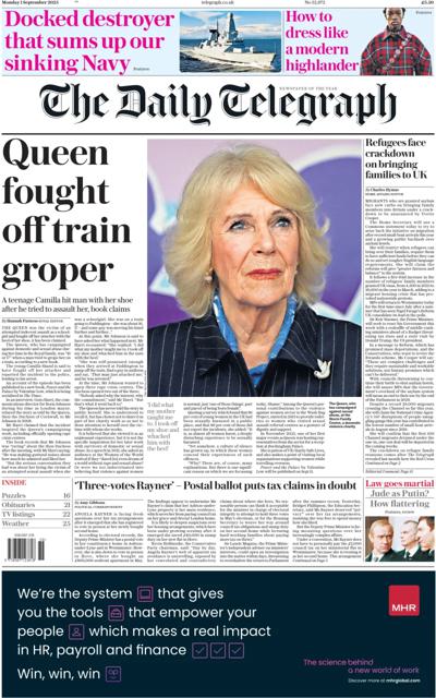 The Daily Telegraph Newspaper Front Page (UK) for 1 September 2025