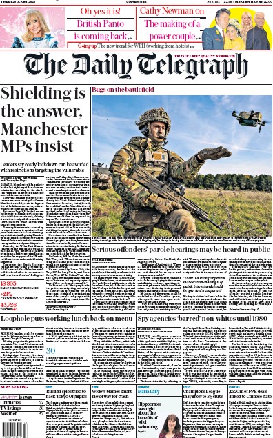 The Daily Telegraph Newspaper Front Page (UK) for 20 October 2020