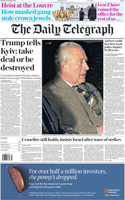 The Daily Telegraph Newspaper Front Page (UK) for 20 October 2025