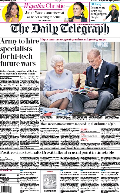 The Daily Telegraph Newspaper Front Page (UK) for 20 November 2020