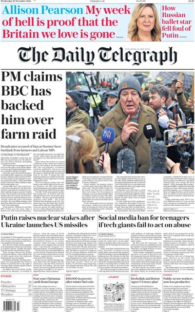 The Daily Telegraph Newspaper Front Page (UK) for 20 November 2024