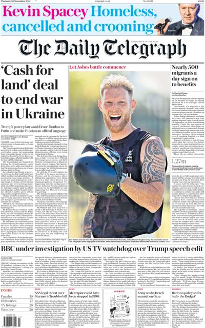 The Daily Telegraph Newspaper Front Page (UK) for 20 November 2025