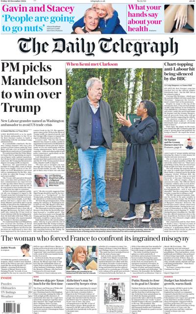 The Daily Telegraph Newspaper Front Page (UK) for 20 December 2024