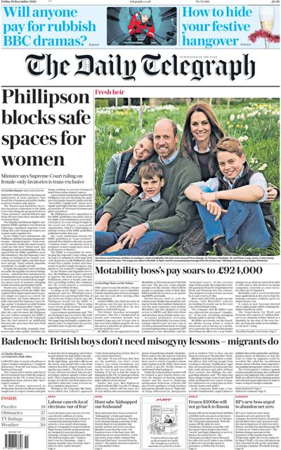 The Daily Telegraph Newspaper Front Page (UK) for 20 December 2025