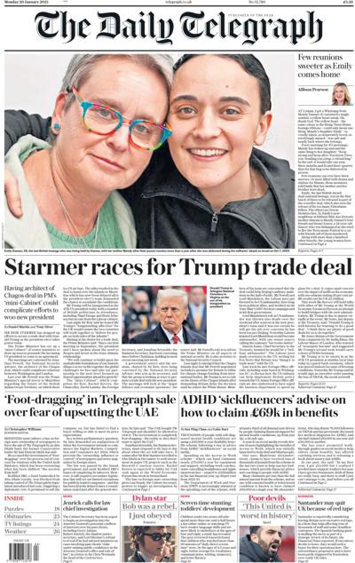 The Daily Telegraph Newspaper Front Page (UK) for 20 January 2025