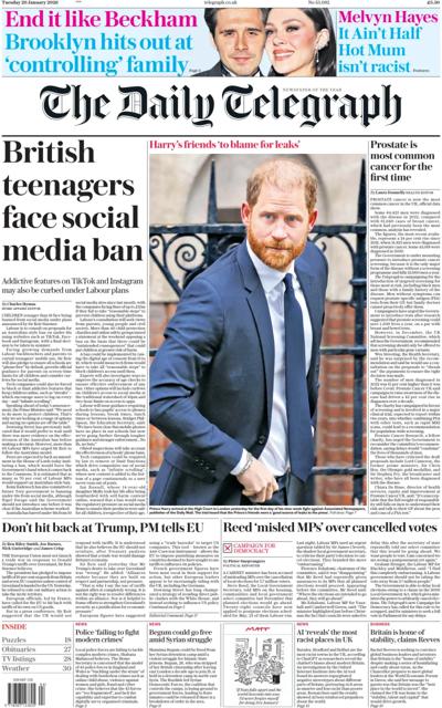 The Daily Telegraph Newspaper Front Page (UK) for 20 January 2026