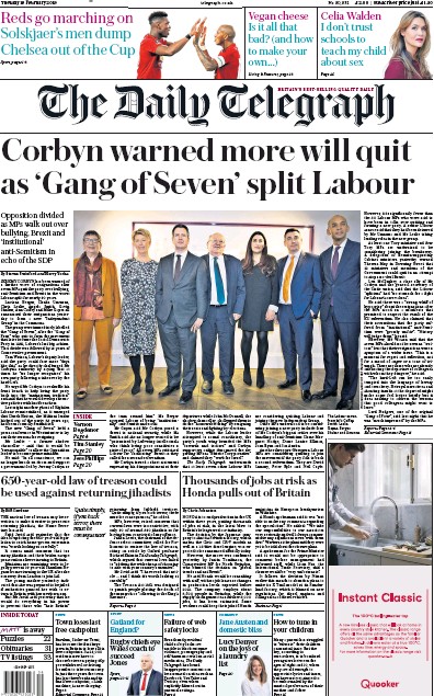 The Daily Telegraph Newspaper Front Page (UK) for 20 February 2019