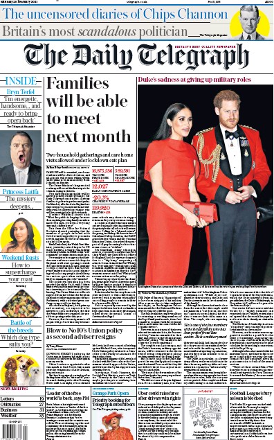 The Daily Telegraph Newspaper Front Page (UK) for 20 February 2021