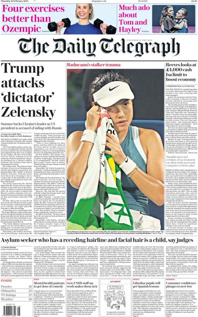 The Daily Telegraph Newspaper Front Page (UK) for 20 February 2025