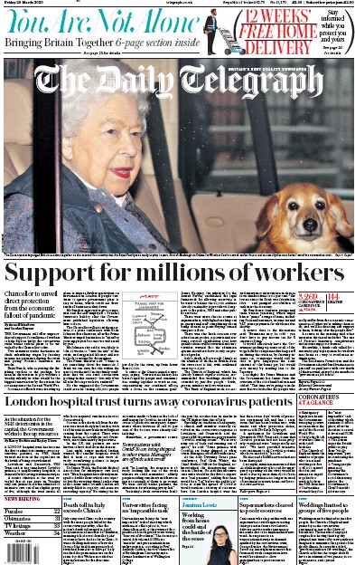 The Daily Telegraph Newspaper Front Page (UK) for 20 March 2020