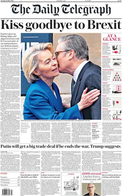 The Daily Telegraph Newspaper Front Page (UK) for 20 May 2025