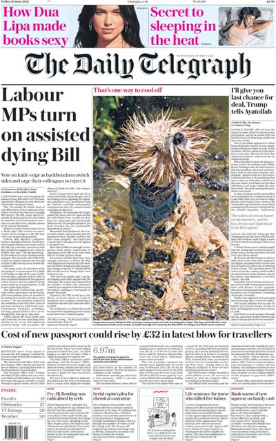 The Daily Telegraph Newspaper Front Page (UK) for 20 June 2025