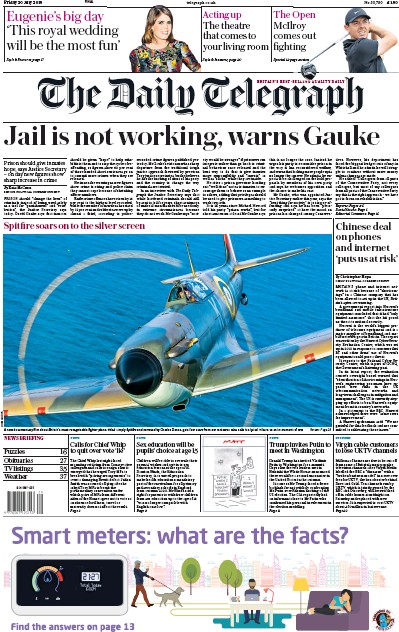 The Daily Telegraph Newspaper Front Page (UK) for 20 July 2018