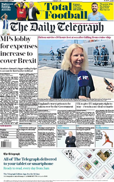 The Daily Telegraph Newspaper Front Page (UK) for 20 August 2018