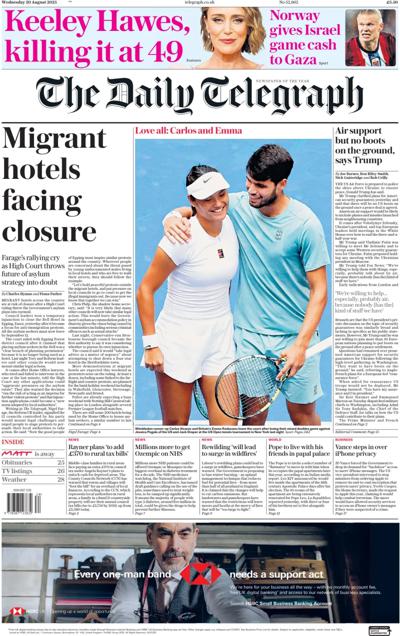The Daily Telegraph Newspaper Front Page (UK) for 20 August 2025